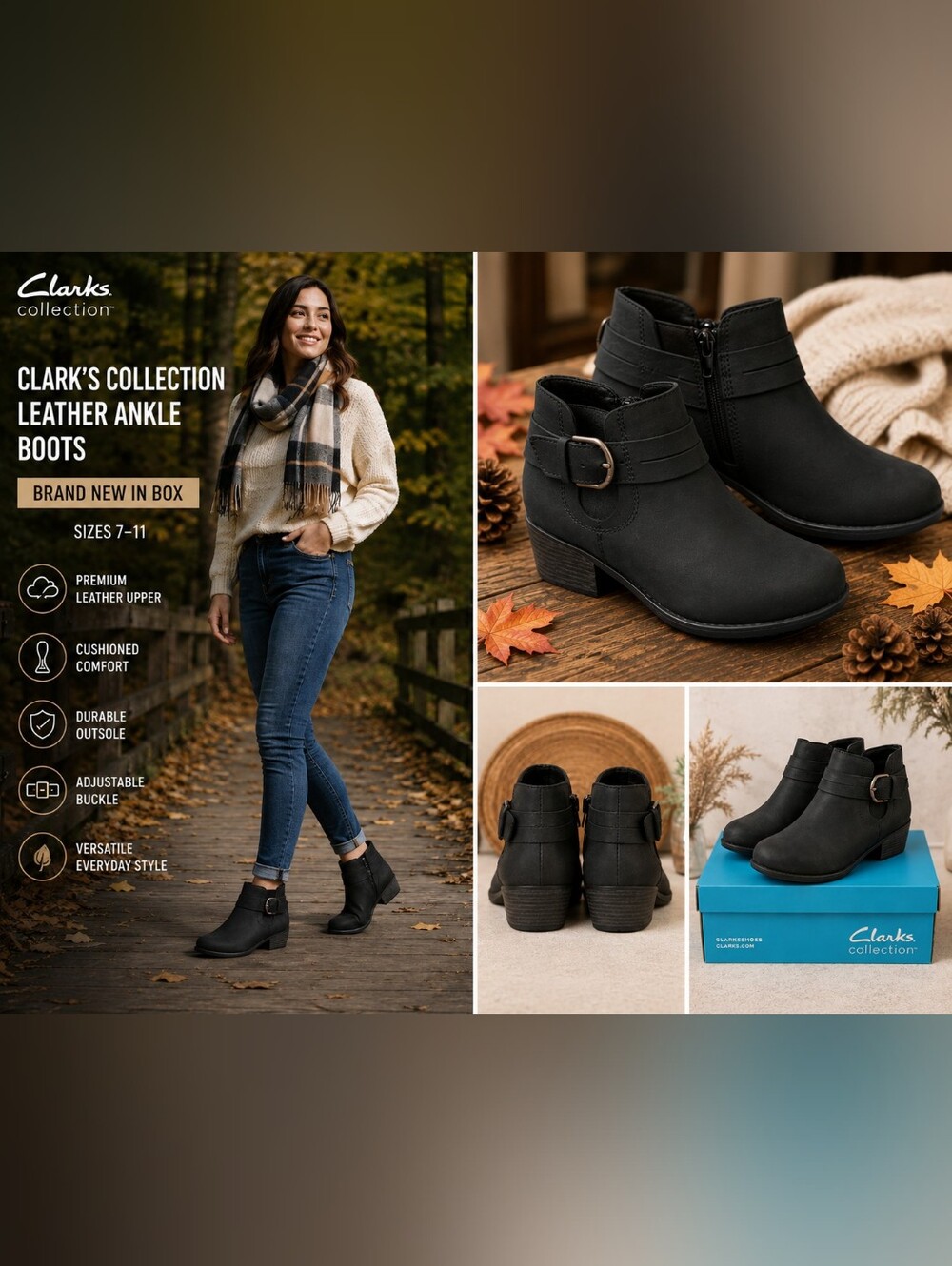 Clarks Collection Black Leather Ankle Boots Womens 7-11 NIB Buckle Booties